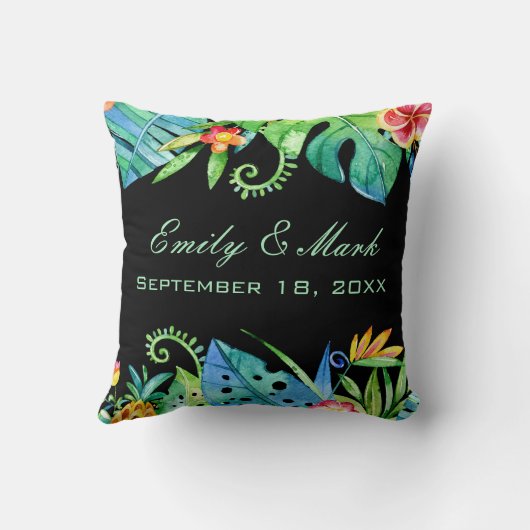 熱帯花の黒い結婚式のカスタム クッション (裏面)