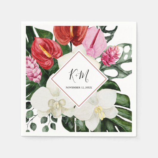 熱帯花オーキッドモンステラ結婚水色 スタンダードカクテルナプキン (正面)