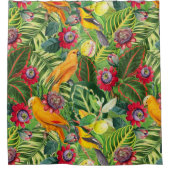 熱帯花ジャングルパターンのオレンジパロット シャワーカーテン (正面)