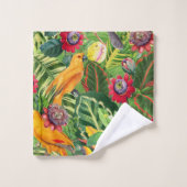 熱帯花ジャングルパターンのオレンジパロット バスタオルセット (ウォッシュタオル)