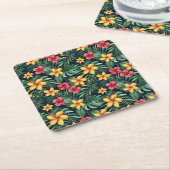 熱帯花ハイビスカスシームレスパターン スクエアペーパーコースター (アングル)