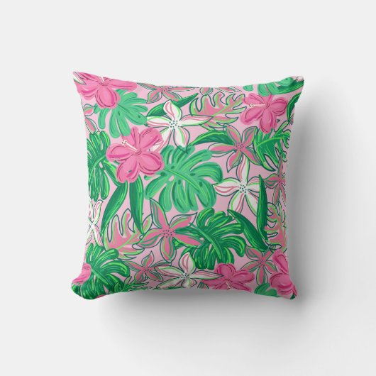 熱帯花ピンク白名門私立校風の緑 クッション (正面)