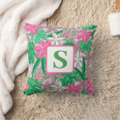 熱帯花モノグラムピンク白名門私立校風の緑 クッション (ブランケット)