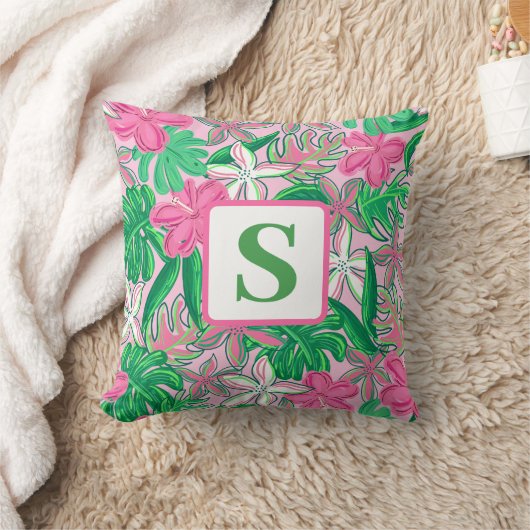 熱帯花モノグラムピンク白名門私立校風の緑 クッション (ブランケット)