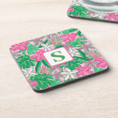 熱帯花モノグラムピンク白名門私立校風の緑 コースター (左側)