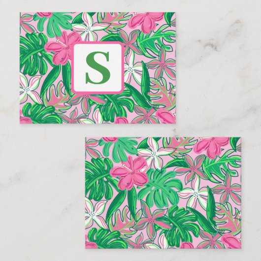 熱帯花モノグラムピンク白名門私立校風の緑 ノートカード (正面/裏面)