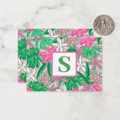 熱帯花モノグラムピンク白名門私立校風の緑 ノートカード (正面/裏面インサイチュ)