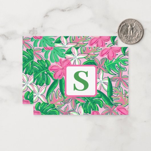 熱帯花モノグラムピンク白名門私立校風の緑 ノートカード (正面/裏面インサイチュ)