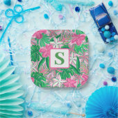 熱帯花モノグラムピンク白名門私立校風の緑 ペーパープレート (パーティー)