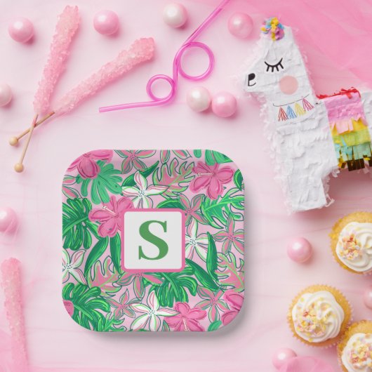 熱帯花モノグラムピンク白名門私立校風の緑 ペーパープレート (パーティー)