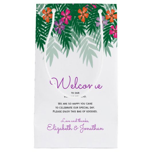 熱帯花及びやし枝結婚式の歓迎 スモールペーパーバッグ (正面)