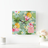 熱帯花及びパイナップルは|あなたのイニシャルを加えます スクエア壁時計 (ホーム)