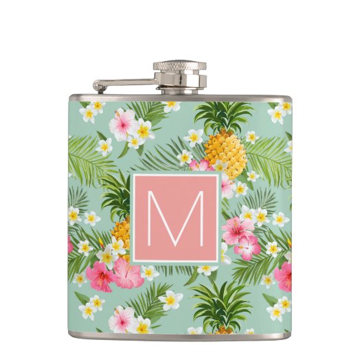 熱帯花及びパイナップルは|あなたのイニシャルを加えます フラスク (正面)