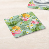熱帯花及びパイナップル スクエアペーパーコースター (アングル)