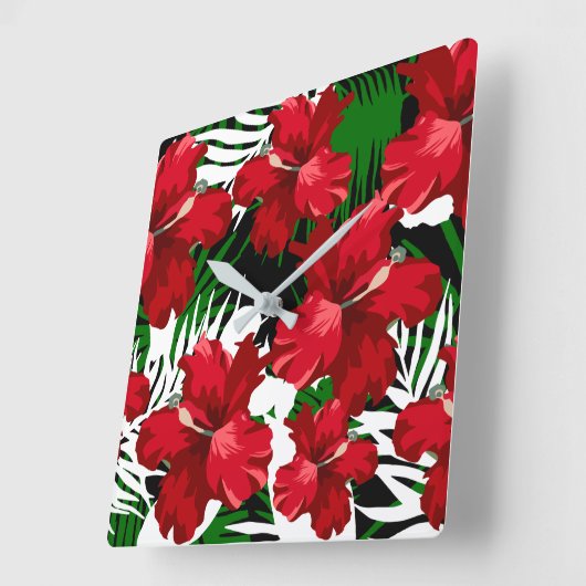 熱帯花柄の台所用時計 スクエア壁時計 (傾斜)