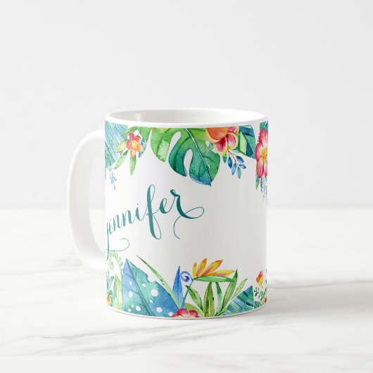 熱帯花柄は名前をカスタムする2味方しました コーヒーマグカップ (正面左)