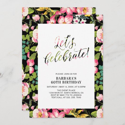 熱帯花柄アダルトバースデーパーティー 招待状 (正面/裏面)