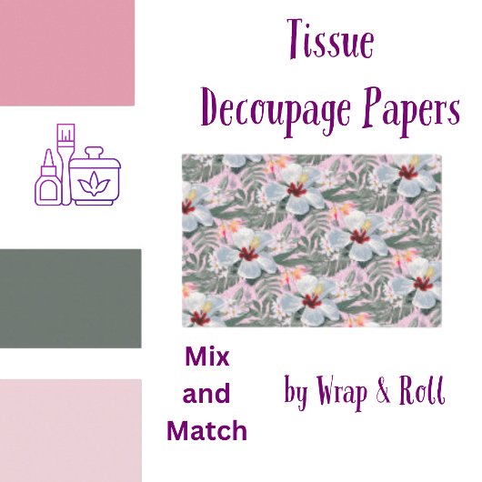 熱帯花模様グレー、ピンク、白 薄葉紙