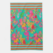熱帯花模様ティール（緑がかった色）、オレンジ、黄色、トリム キッチンタオル (縦)