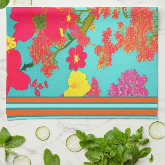 熱帯花模様ティール(緑がかった色)、オレンジ、黄色、トリム キッチンタオル (折り畳み)