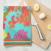 熱帯花模様ティール（緑がかった色）、オレンジ、黄色、トリム キッチンタオル (四つ折り)