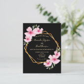 熱帯花模様ブラック金ゴールド幾何結婚の インビテーションポストカード (スタンド正面)