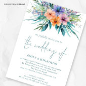 熱帯花模様写真QRコードティール(緑がかった色)結婚ズ 招待状