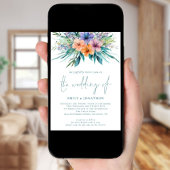 熱帯花模様写真QRコードティール(緑がかった色)結婚ズ 招待状