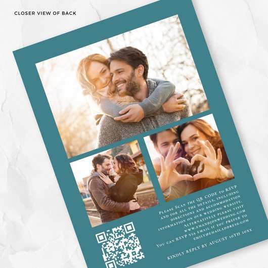 熱帯花模様花模様3枚の写真QRティール（緑がかった色）結婚ズ 招待状