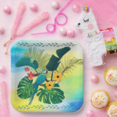 熱帯花模様葉ズオウム ペーパープレート (パーティー)