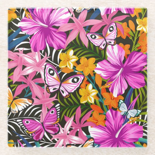 熱帯葉および花 ガラスコースター (正面)