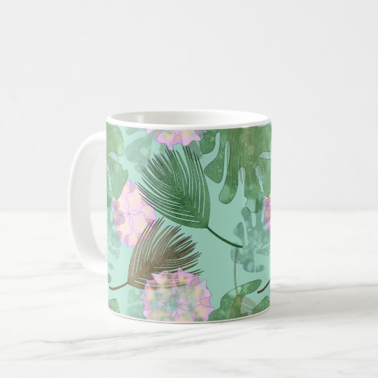 熱帯葉のターコイズと花。 コーヒーマグカップ (正面左)