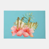 熱帯葉のハイビスカスの花の水彩画アロハ ドアマット (正面)