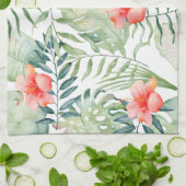 熱帯葉のハイビスカスの花柄の水彩画 キッチンタオル (折り畳み)