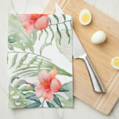 熱帯葉のハイビスカスの花柄の水彩画 キッチンタオル (四つ折り)