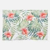 熱帯葉のハイビスカスの花柄の水彩画 キッチンタオル (横)