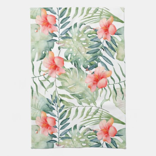 熱帯葉のハイビスカスの花柄の水彩画 キッチンタオル (縦)