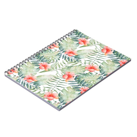 熱帯葉のハイビスカスの花柄の水彩画 ノートブック (左側)