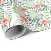 熱帯葉のハイビスカスの花柄の水彩画 ラッピングペーパー (ロールコーナー)