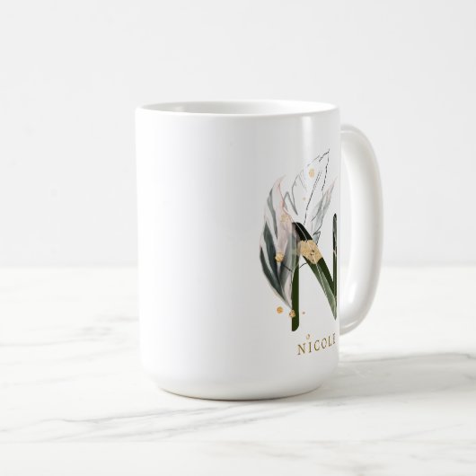 熱帯葉のモノグラム文字「N」パーソナライズされた コーヒーマグカップ (正面右)