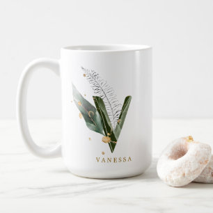 熱帯葉のモノグラム文字「V」パーソナライズされた コーヒーマグカップ