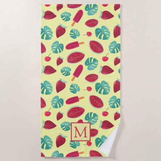 熱帯葉の夏のフルーツの休日のモノグラム ビーチタオル (正面)