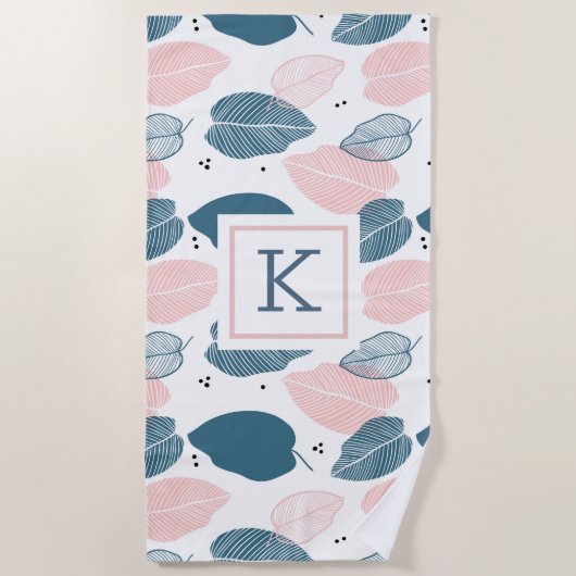 熱帯葉の模様はピンク色と白 ビーチタオル (正面)