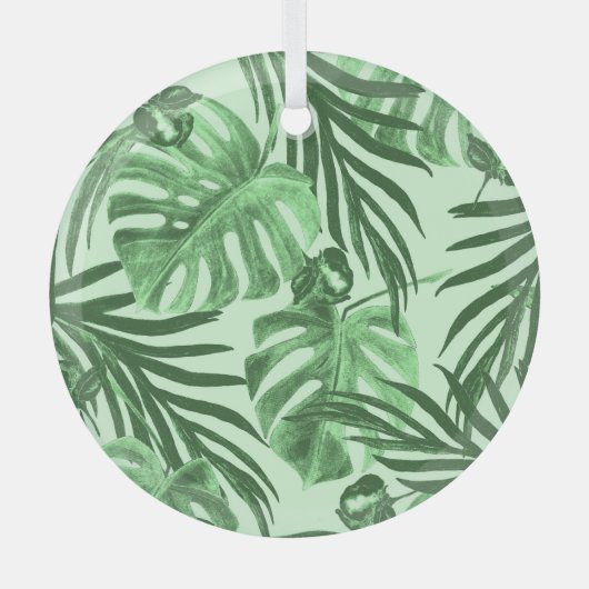 熱帯葉の花と花、水彩パターン。 ガラスオーナメント (正面)