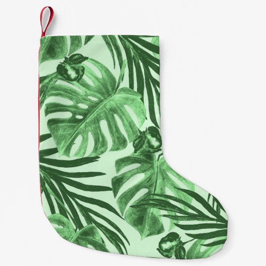 熱帯葉の花と花、水彩パターン。 スモールクリスマスストッキング (正面)