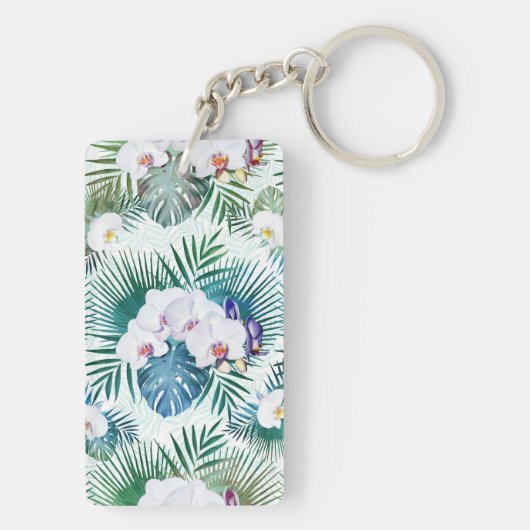 熱帯葉の花と蘭の花のデザイン キーホルダー (裏面)