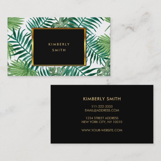 熱帯葉の黒い金ゴールドの名刺 名刺 (正面/裏面)