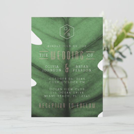 熱帯葉アールデコインスパイア結婚式招待状 招待状 (スタンド正面)