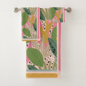 熱帯葉ティール（緑がかった色）、緑、ピンク、ビーチカラー バスタオルセット (インサイチュ)