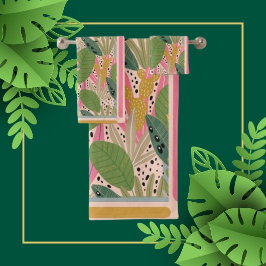 熱帯葉ティール（緑がかった色）、緑、ピンク、ビーチカラー バスタオルセット